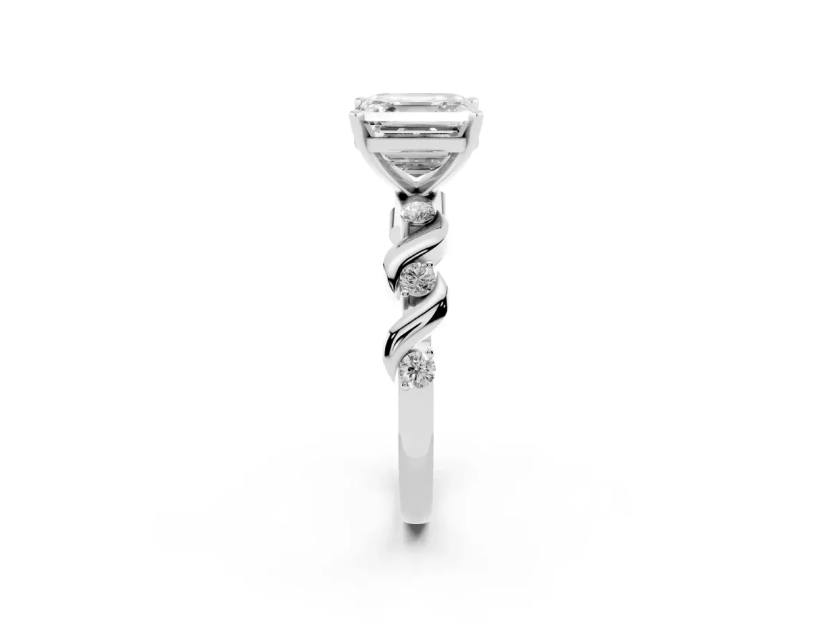Asscher Cut Diamond Solitaire Twisted Band with Round Accents and Prong Setting Platinum