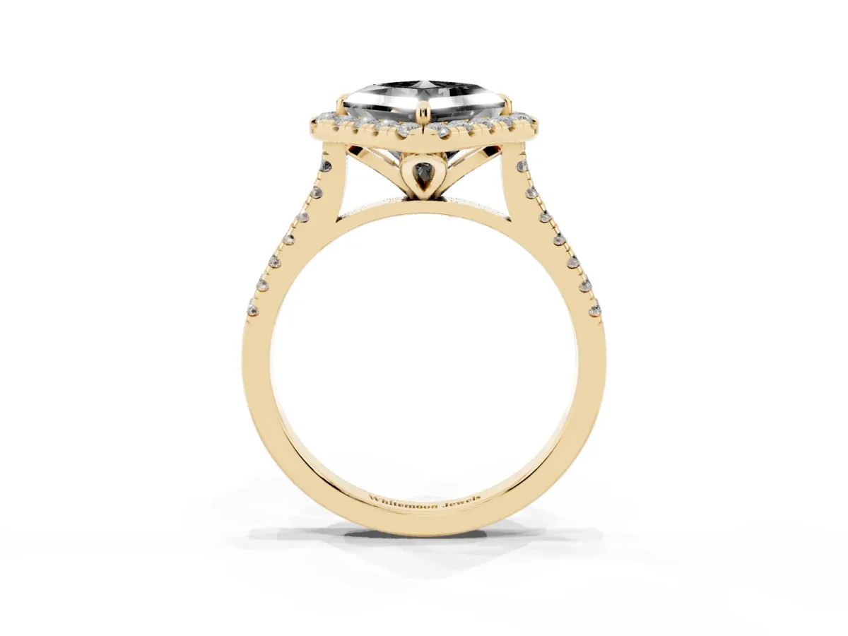 Fancy Black Princess Cut Diamond Cushion Halo Ring with Pavé Band Yellow gold