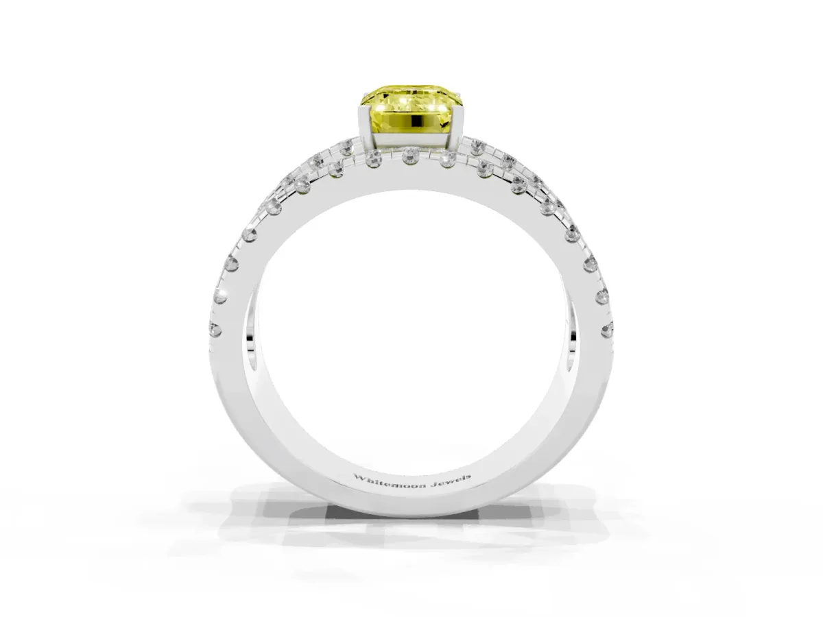 Fancy Yellow Emerald Cut Solitaire Split Shank Pave Diamond Ring Silver