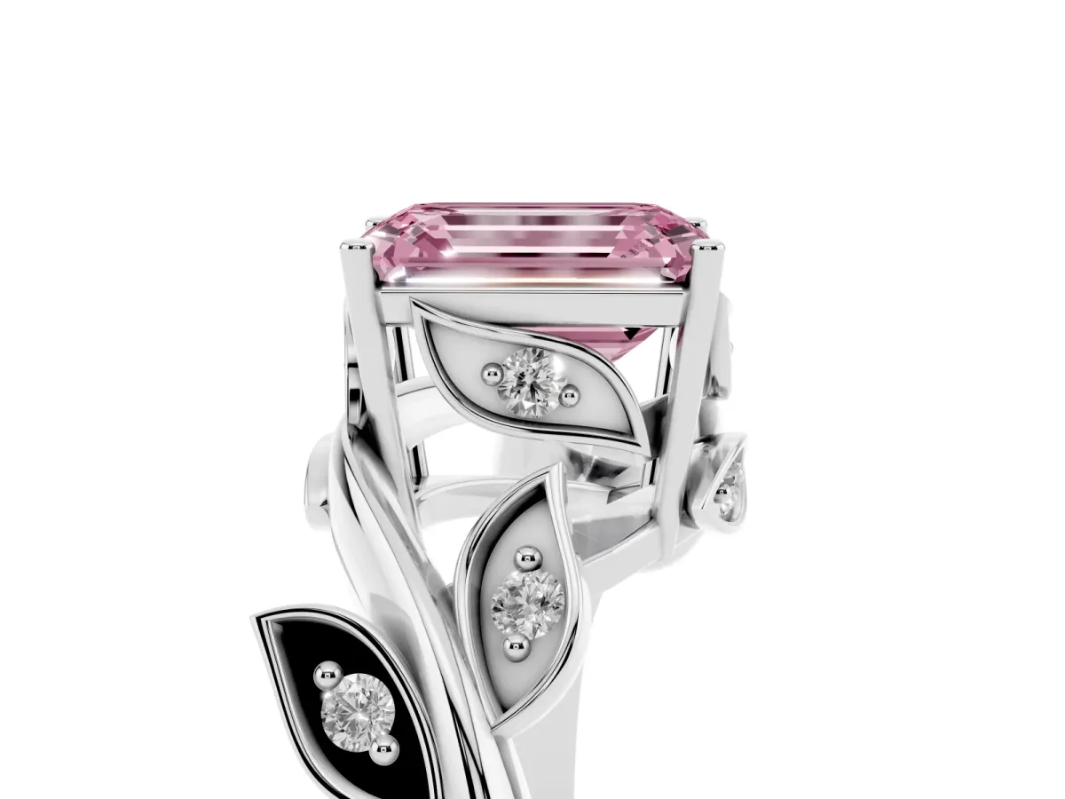 Fancy Pink Emerald Cut Solitaire Twist Engagement Ring with Leaf Accents and Prong Setting Silver