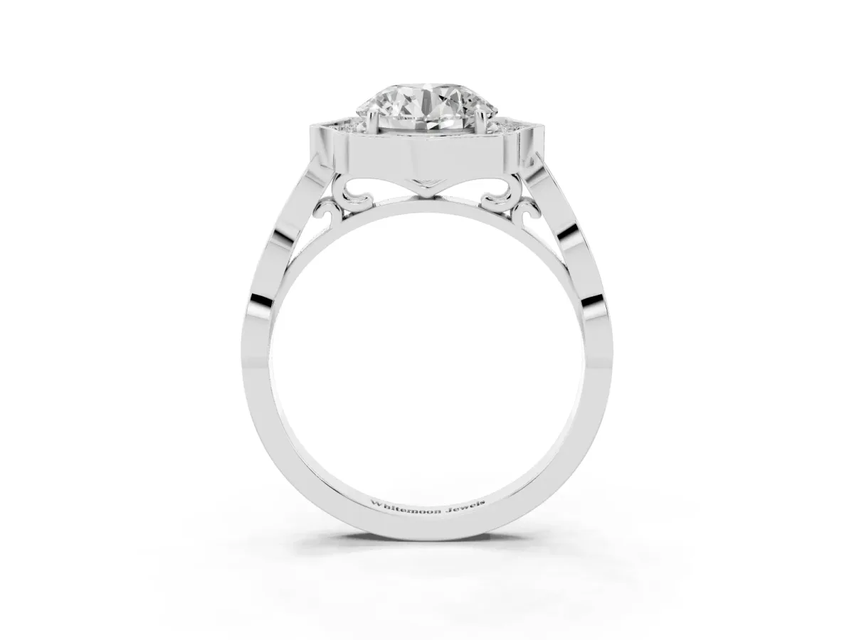 Round Cut Halo Diamond Engagement Ring with Milgrain Band and Four-Prong Setting White gold