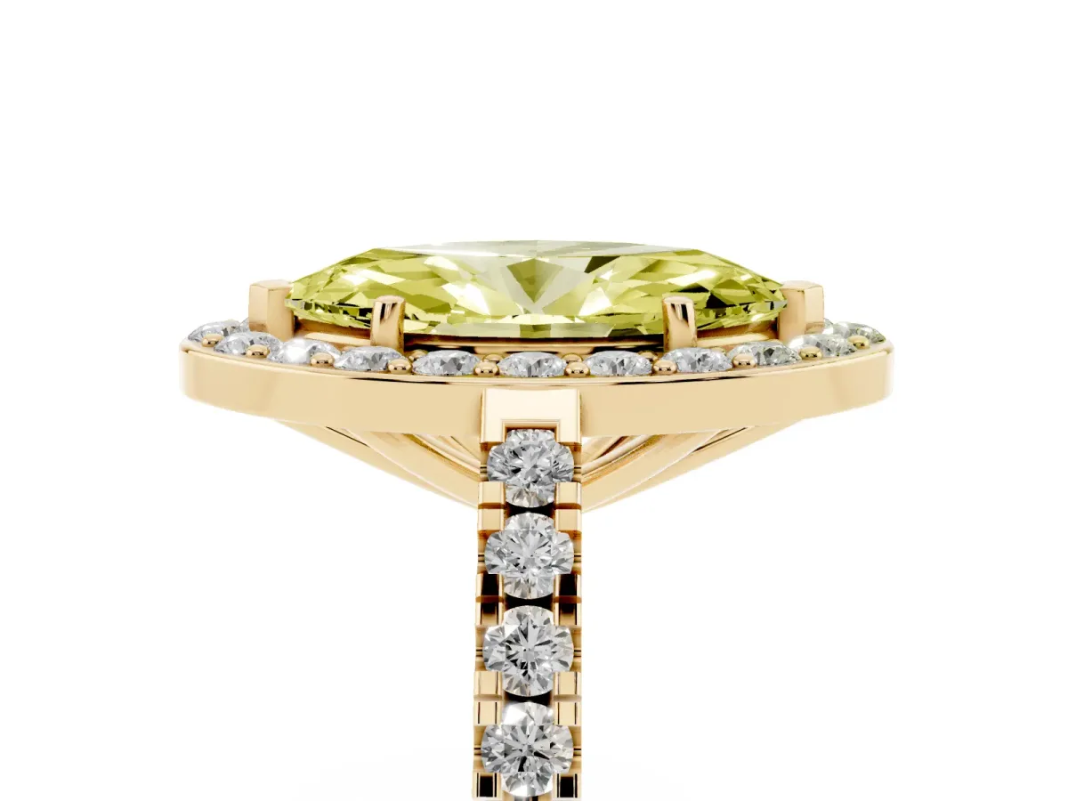 Fancy Yellow Marquise Cut Diamond Halo Ring with Round Pavé Split Shank and Prong Setting Yellow gold