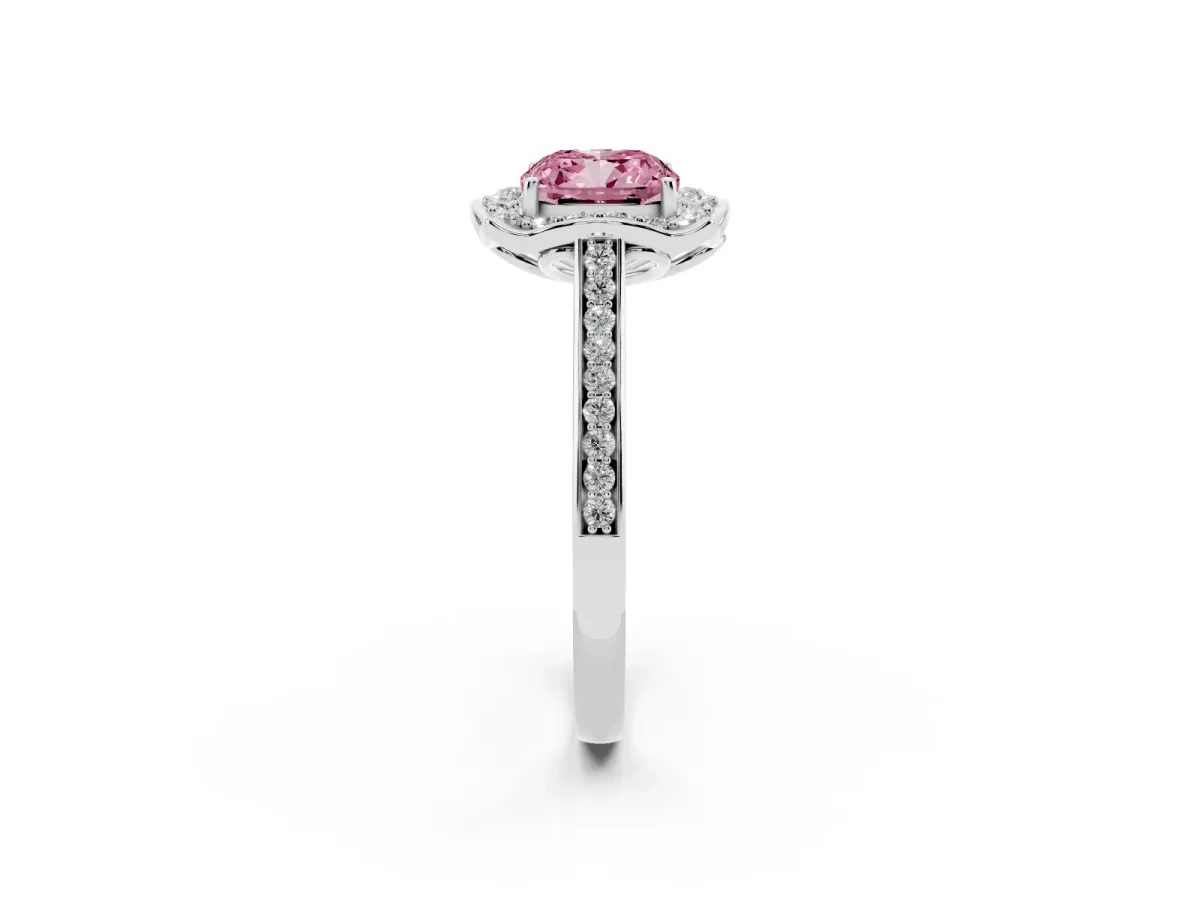 Fancy Pink Cushion Cut Halo Round Diamond Pave Band with Four-Prong Setting Platinum