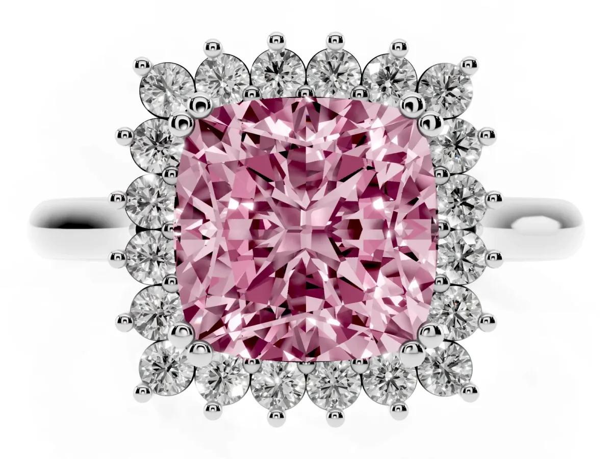 Fancy Pink Cushion Cut Cut Diamond Halo Ring with Solitaire Band and Prong Setting Silver