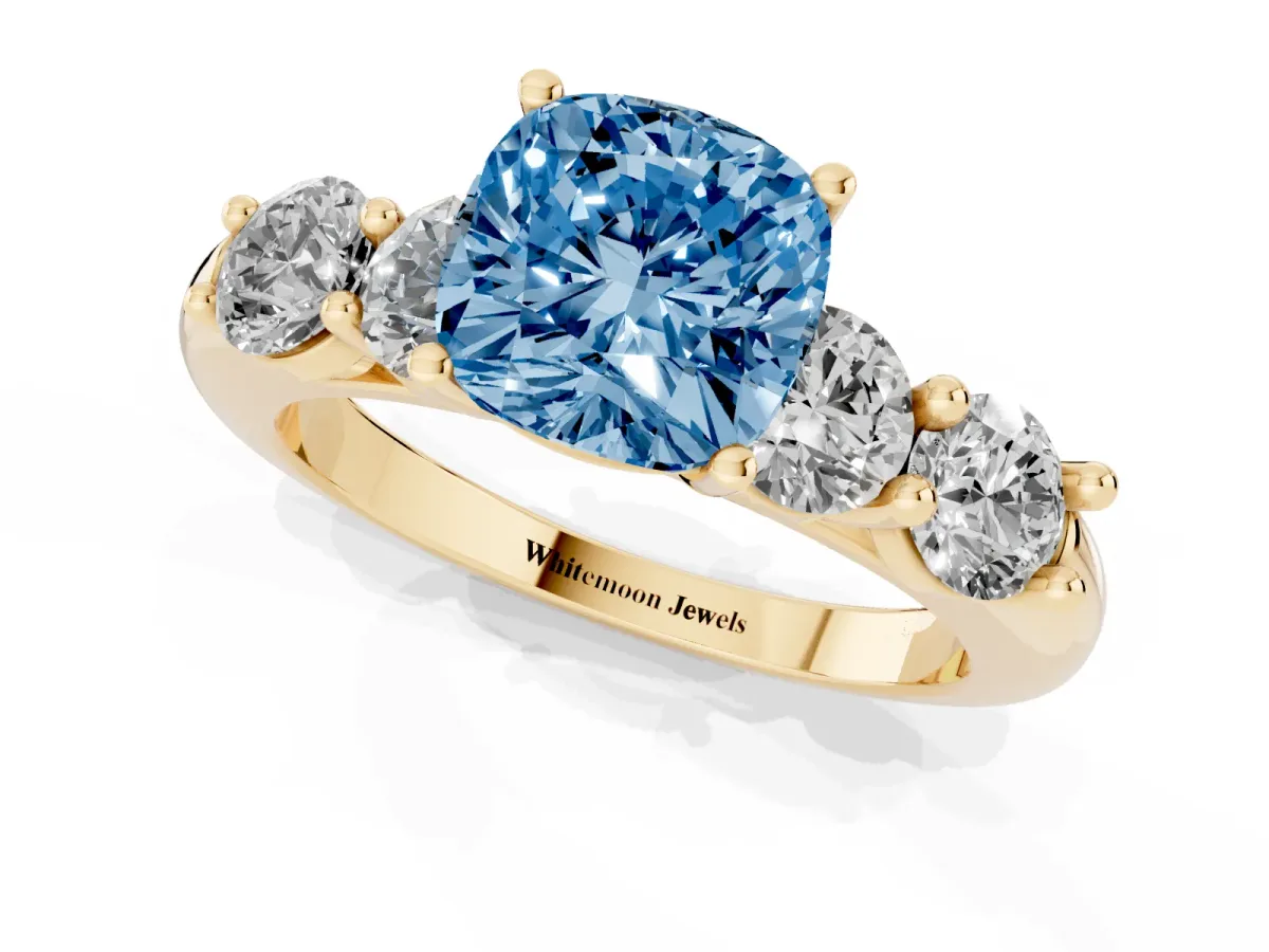 Fancy Blue Cushion Cut Cut Five-Stone Prong Set Diamond Ring with Classic Band Yellow gold