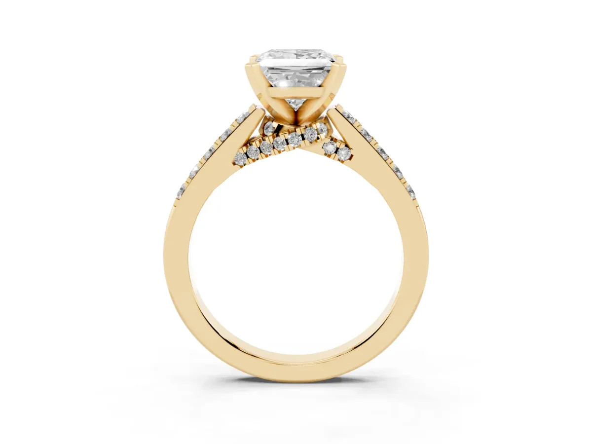Princess Cut Diamond Solitaire Ring with Crossover Gallery and Round Pavé Band Yellow gold