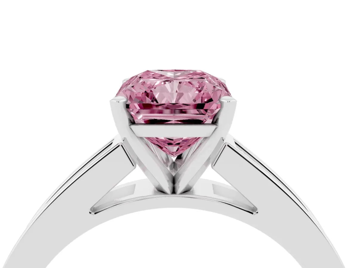 Fancy Pink Radiant Cut Solitaire Diamond Ring with Channel-Set Band and Four-Prong Setting Silver