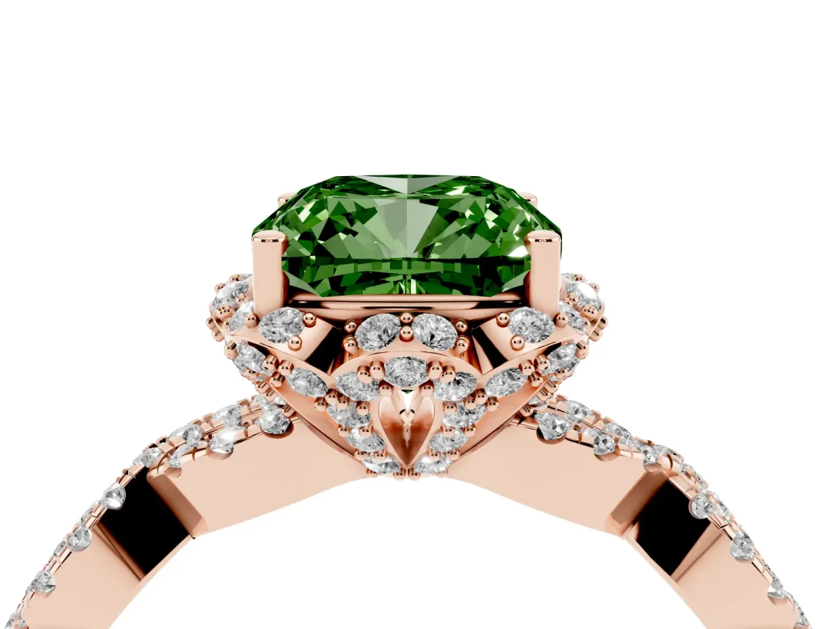 Fancy Green Cushion Cut Halo Twist Band Solitaire Ring with Six-Prong Setting Rose gold