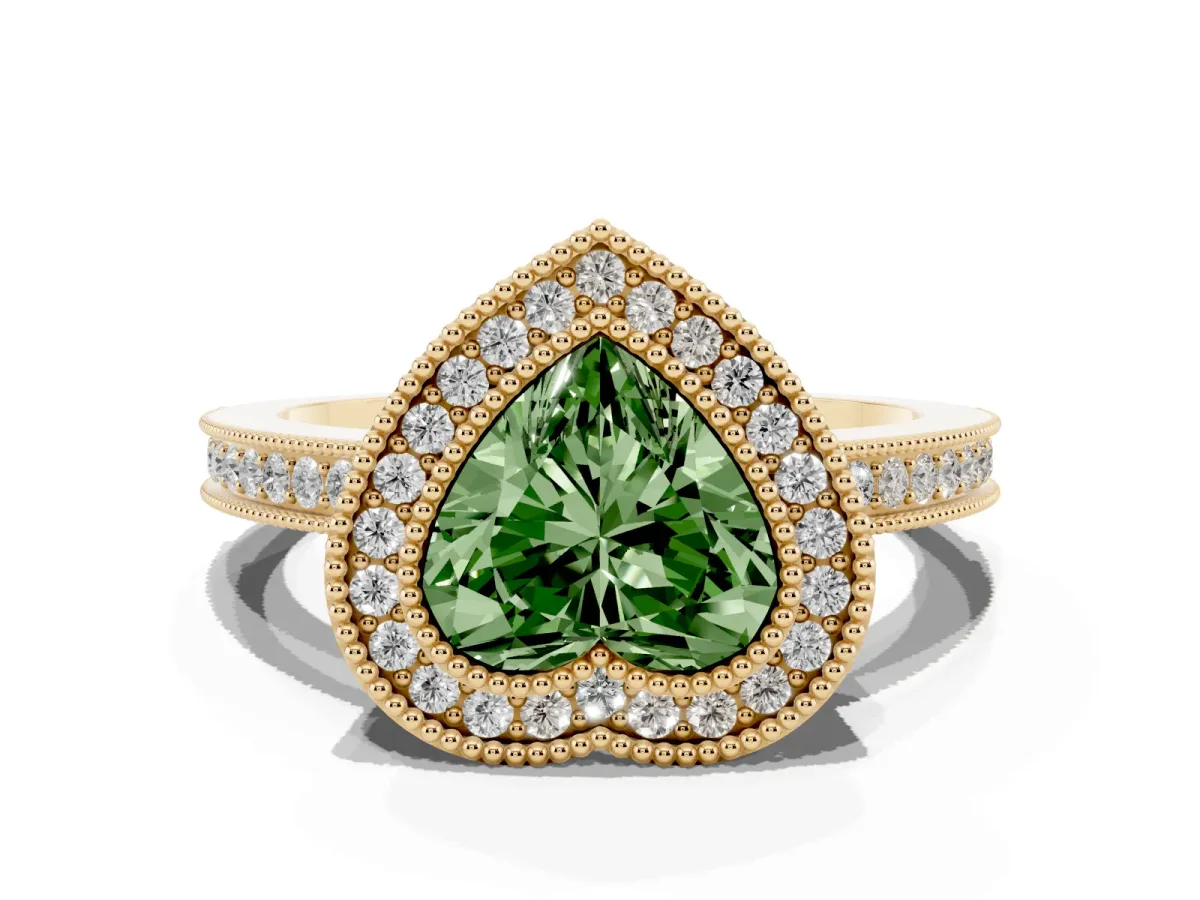 Fancy Green Heart Cut Cut Halo Diamond Ring with Pavé Band and Milgrain Prong Setting Yellow gold