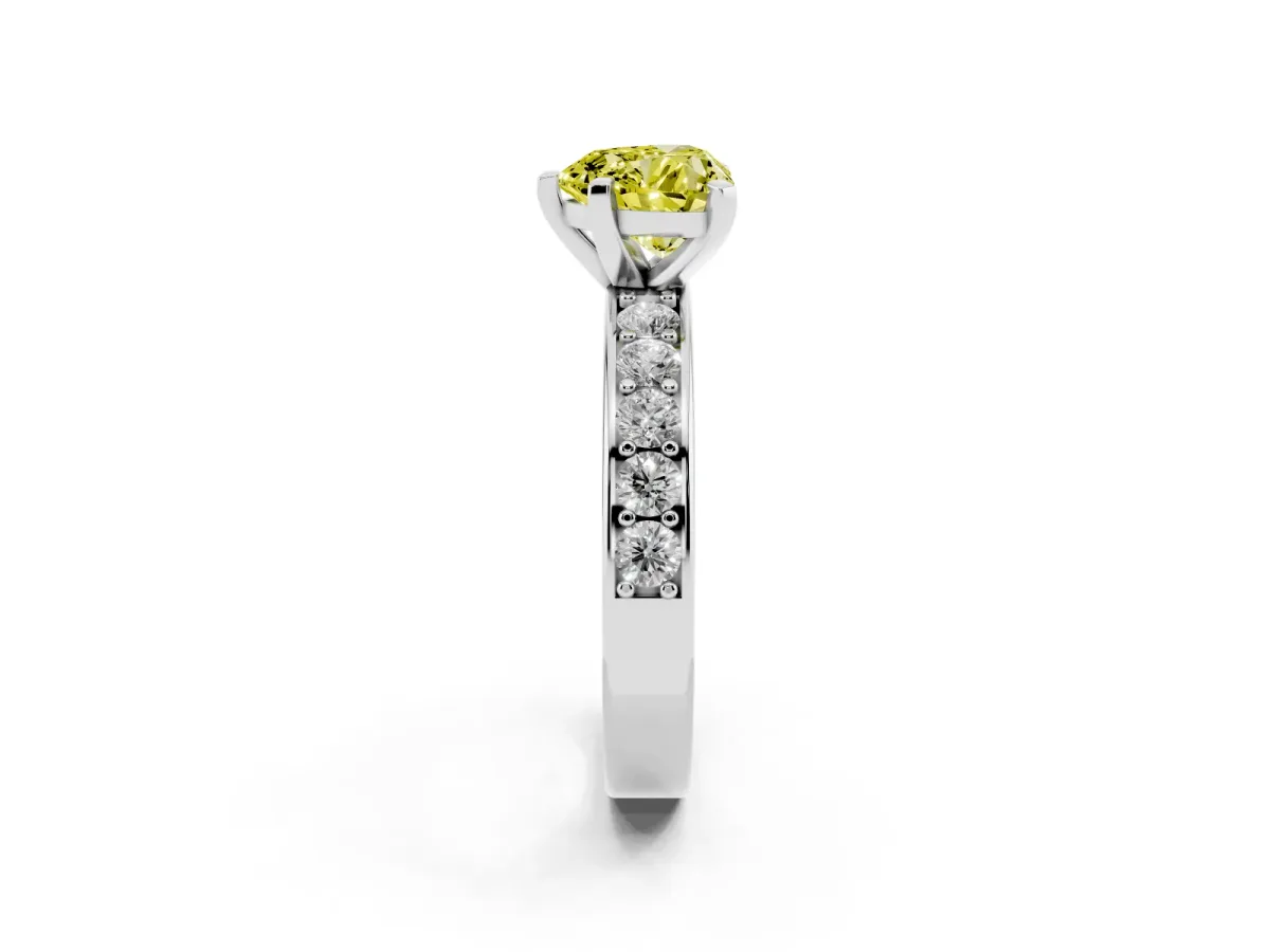 Fancy Yellow Heart Cut Diamond Engagement Ring with Channel Set Round Band and Prong Setting Silver