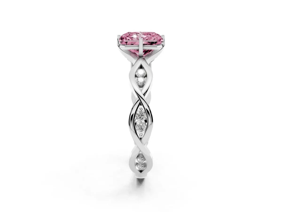 Fancy Pink Radiant Cut Solitaire Twist Band with Leaf Prong Setting Silver