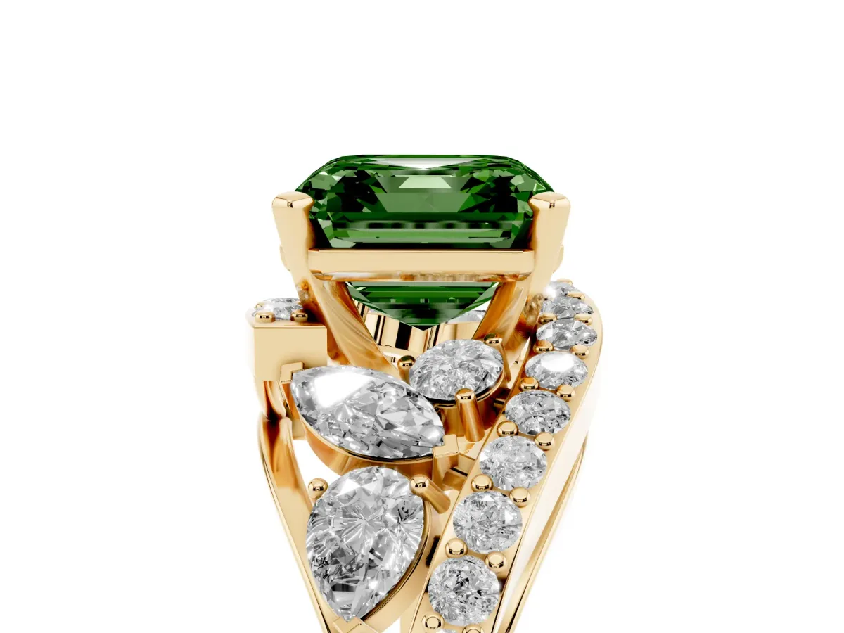 Fancy Green Asscher Cut Diamond Halo Ring with Marquise and Pavé Band in Prong Setting Yellow gold