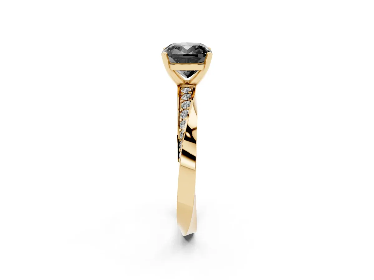 Fancy Black Cushion Cut Diamond Engagement Ring with Side Stone Accents and Four-Prong Setting Yellow gold