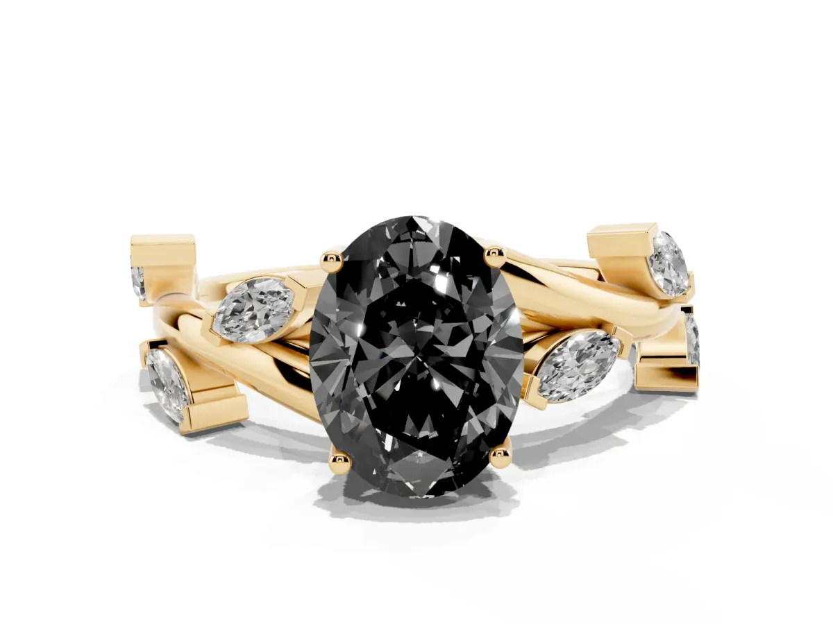 Fancy Black Oval Cut Solitaire Twisted Band Marquise Accent Prong Setting Ring Yellow gold