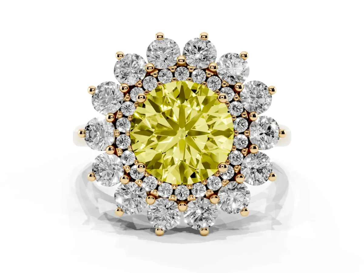 Fancy Yellow Round Cut Diamond Floral Double Halo Engagement Ring with Prong Setting Yellow gold