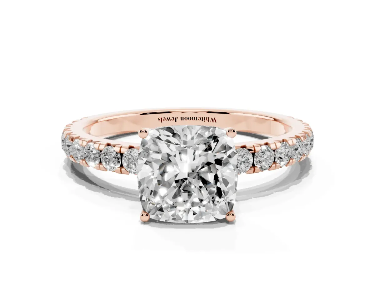Cushion Cut Diamond Pavé Solitaire Engagement Ring with Four-Prong Setting Rose gold