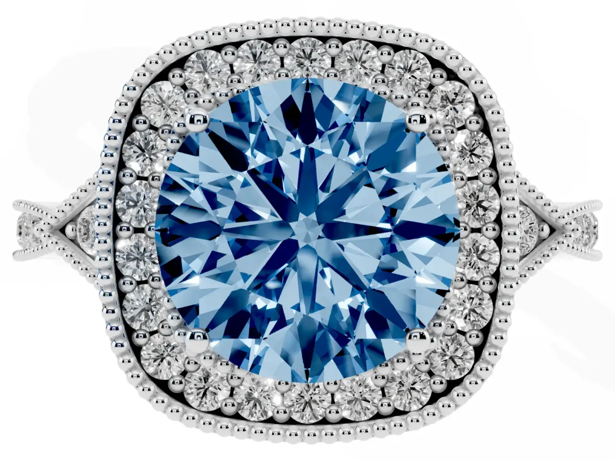 Fancy Blue Round Cut Halo Round Diamond Milgrain Pave Engagement Ring Silver
