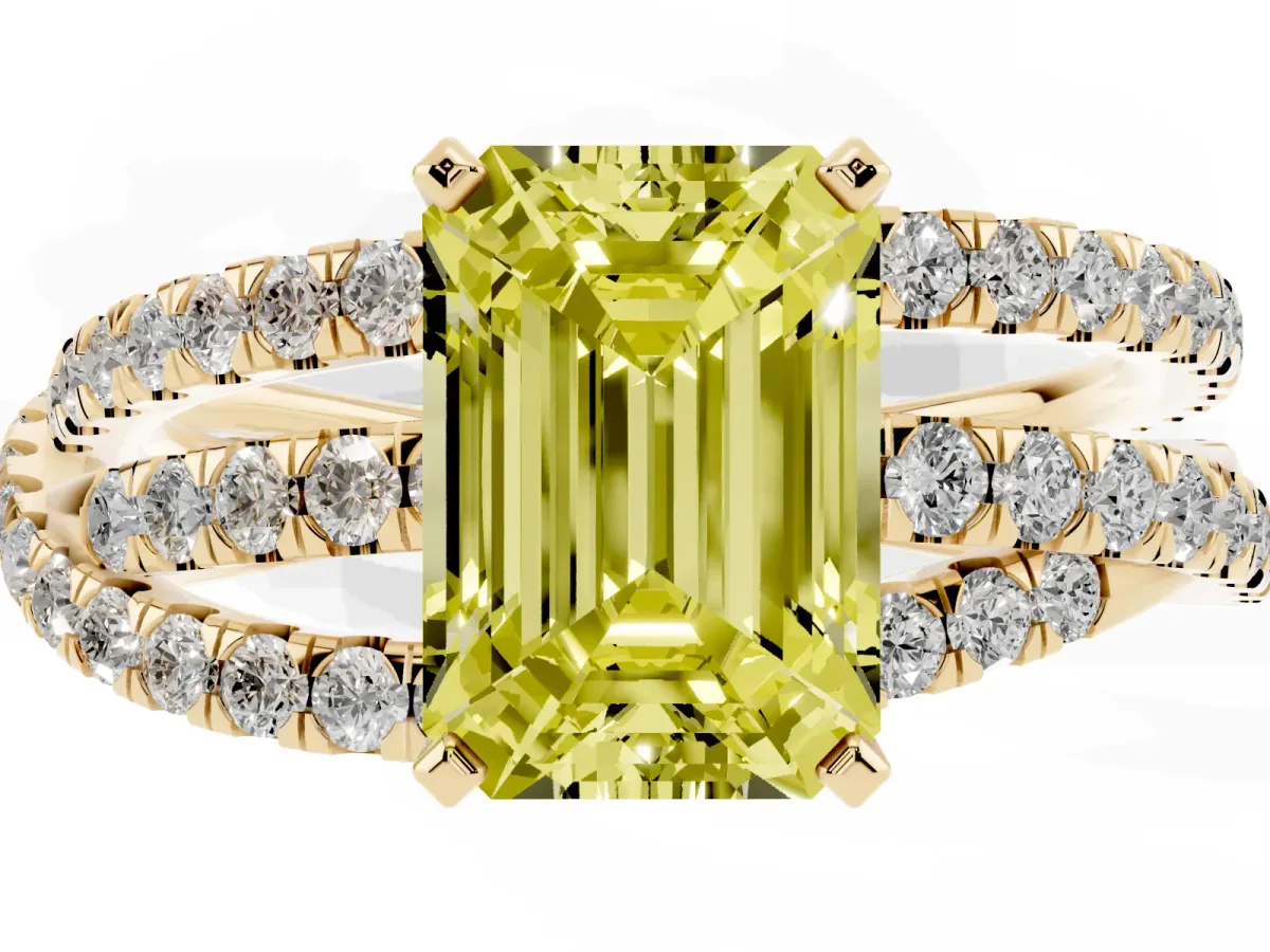 Fancy Yellow Emerald Cut Solitaire Twist Band with Pavé Setting and Four-Prong Setting Yellow gold