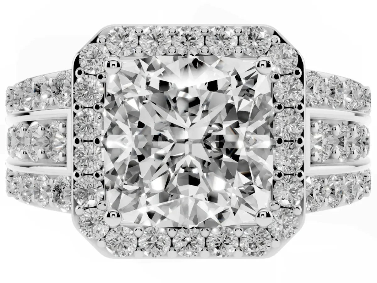 0.5 Carat Cushion Cut Halo Ring with Round Split Shank and Prong Setting White gold