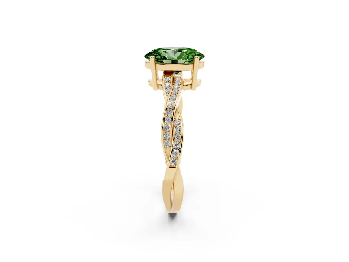 Fancy Green Oval Cut Solitaire Twisted Pave Diamond Ring with Four-Prong Setting Yellow gold