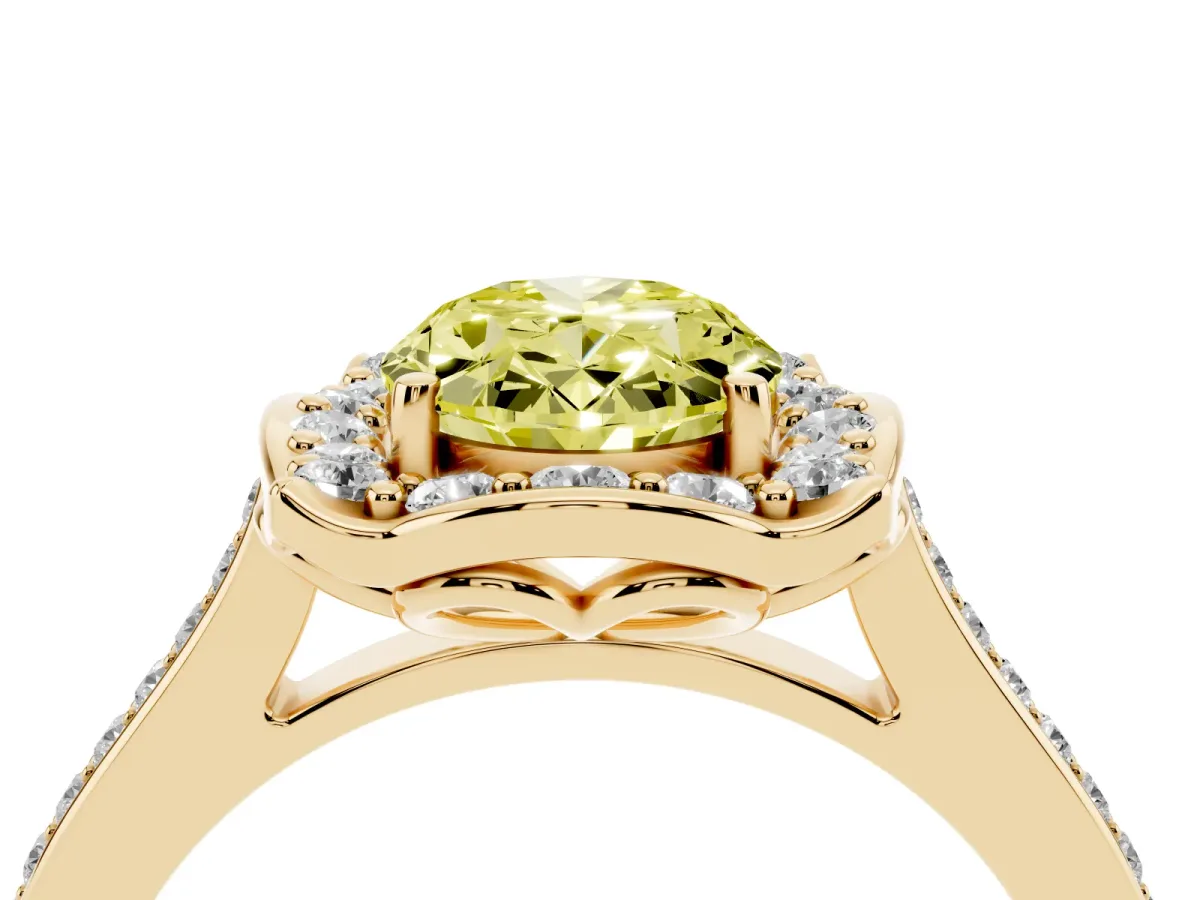 Fancy Yellow Oval Cut Halo Round Diamond Pave Band with Four-Prong Setting Yellow gold