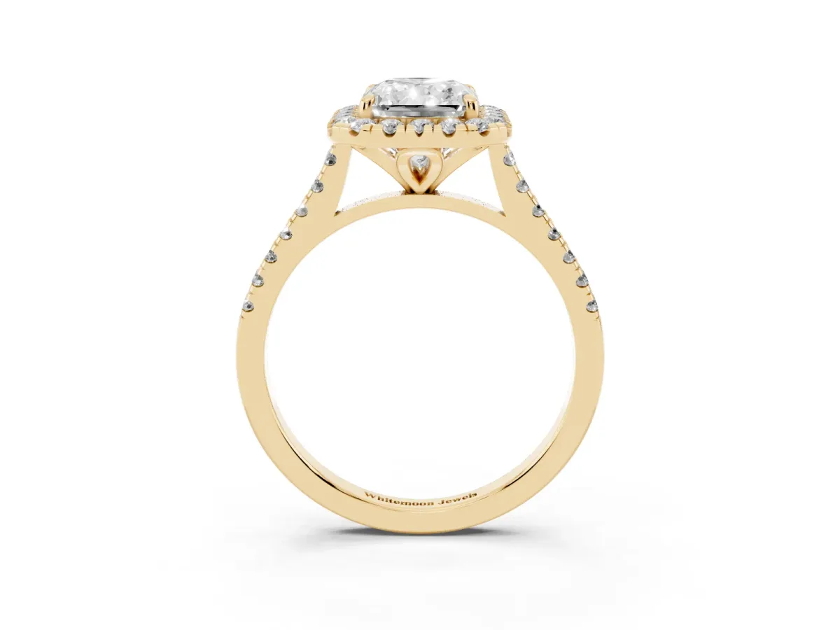 Radiant Cut Diamond Cushion Halo Ring with Pavé Band Yellow gold