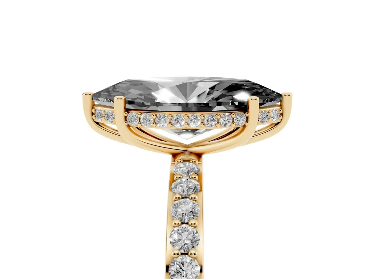 Fancy Black Marquise Cut Diamond Solitaire Ring with Pavé Band and Hidden Halo Yellow gold