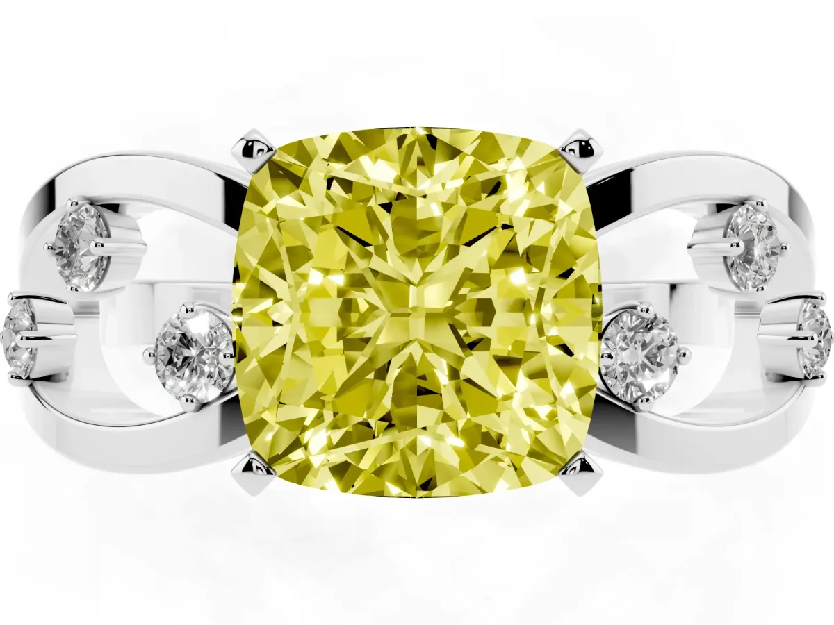 Fancy Yellow Cushion Cut Cut Solitaire Diamond with Side Stones on Criss-Cross Band and Four-Prong Setting Silver