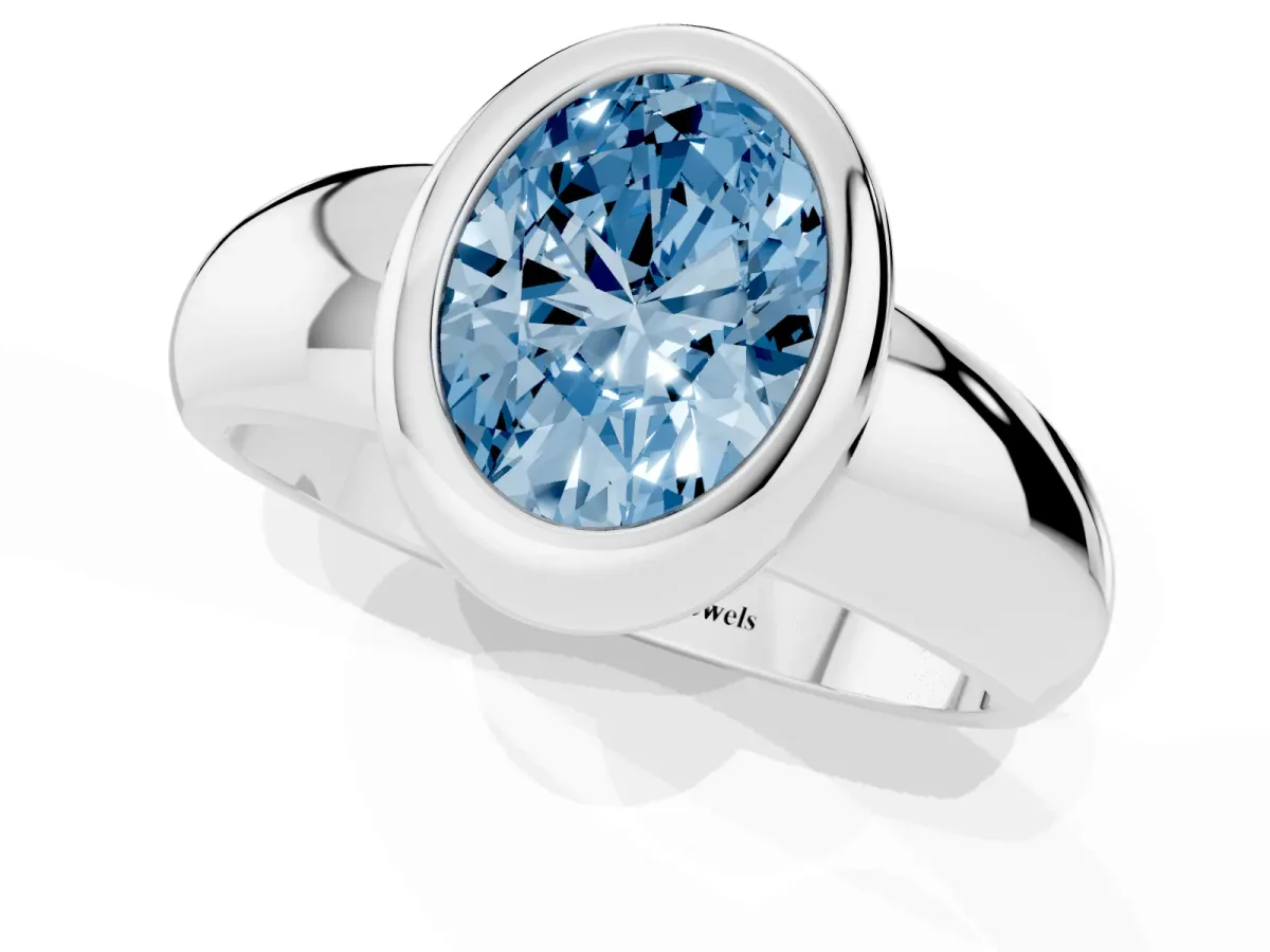 Fancy Blue Bezel Set Oval Cut Solitaire Ring with Wide Band Platinum