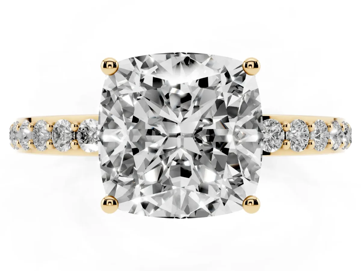 Cushion Cut Diamond Solitaire Ring with Pavé Band and Hidden Halo Yellow gold