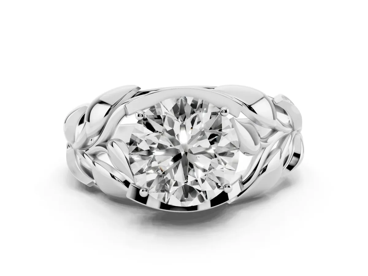 Round Cut Diamond Leaf-Inspired Engagement Ring with Round Accents and Prong Setting Silver
