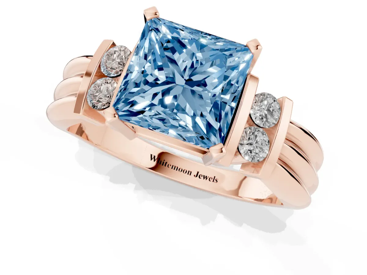Fancy Blue Princess Cut Cut Three-Stone Channel Set Ring with Bar Prongs Rose gold