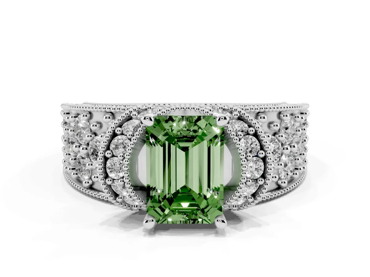 Fancy Green Emerald Cut Halo Pave Diamond Engagement Ring with Milgrain Detailing White gold