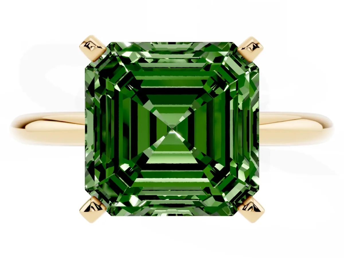 Fancy Green Asscher Cut Diamond Solitaire Ring with Prong Setting and Classic Band Yellow gold