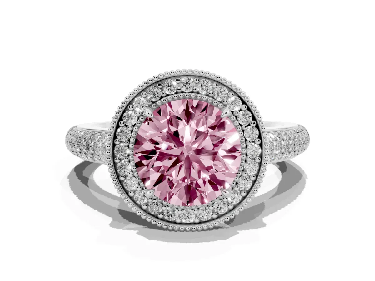 Fancy Pink Round Cut Cut Halo Diamond Pave Band with Four-Prong Setting Silver