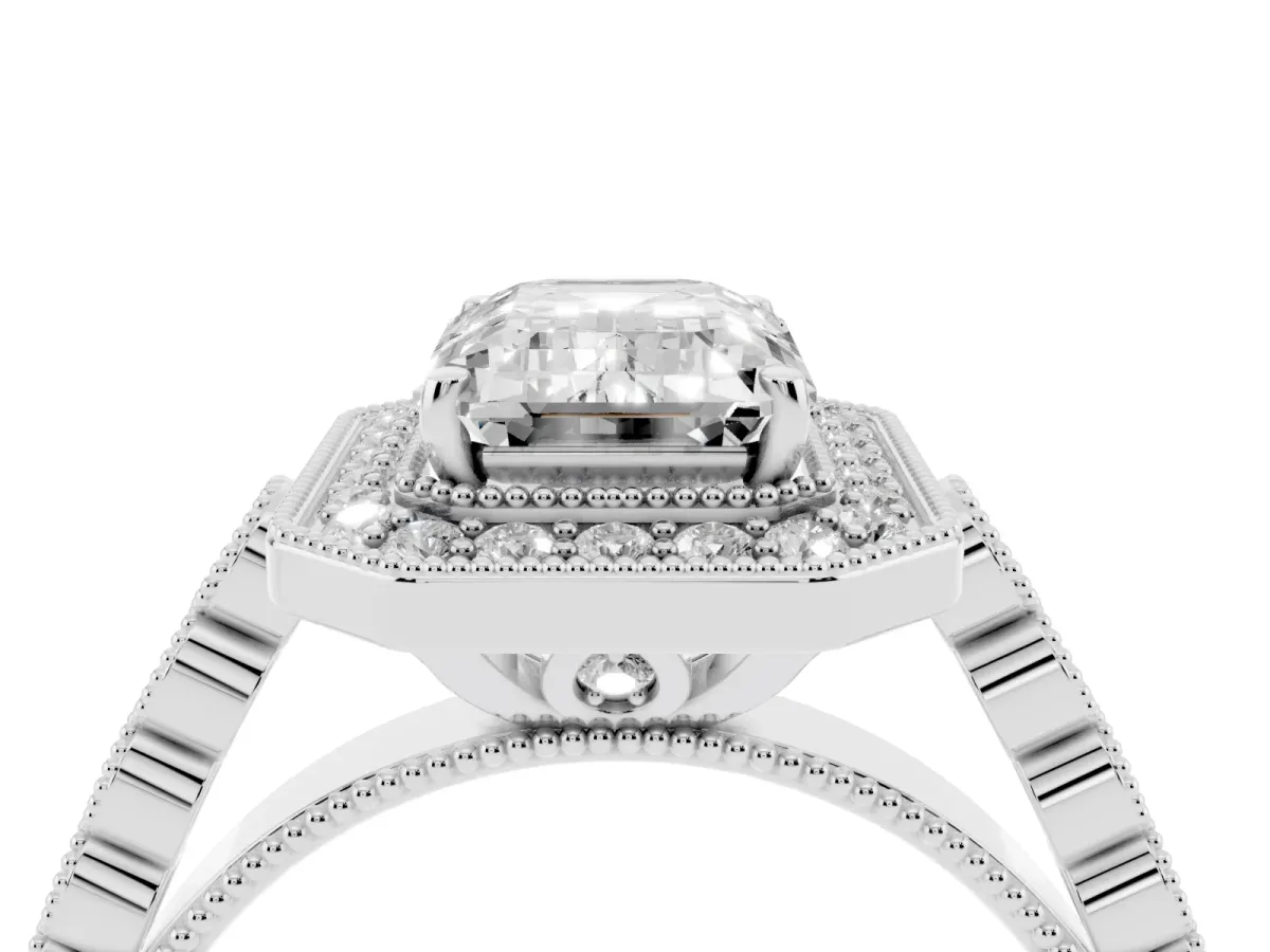 Emerald Cut Halo Milgrain Solitaire with Bezel Set Side Stones and Pave Band White gold