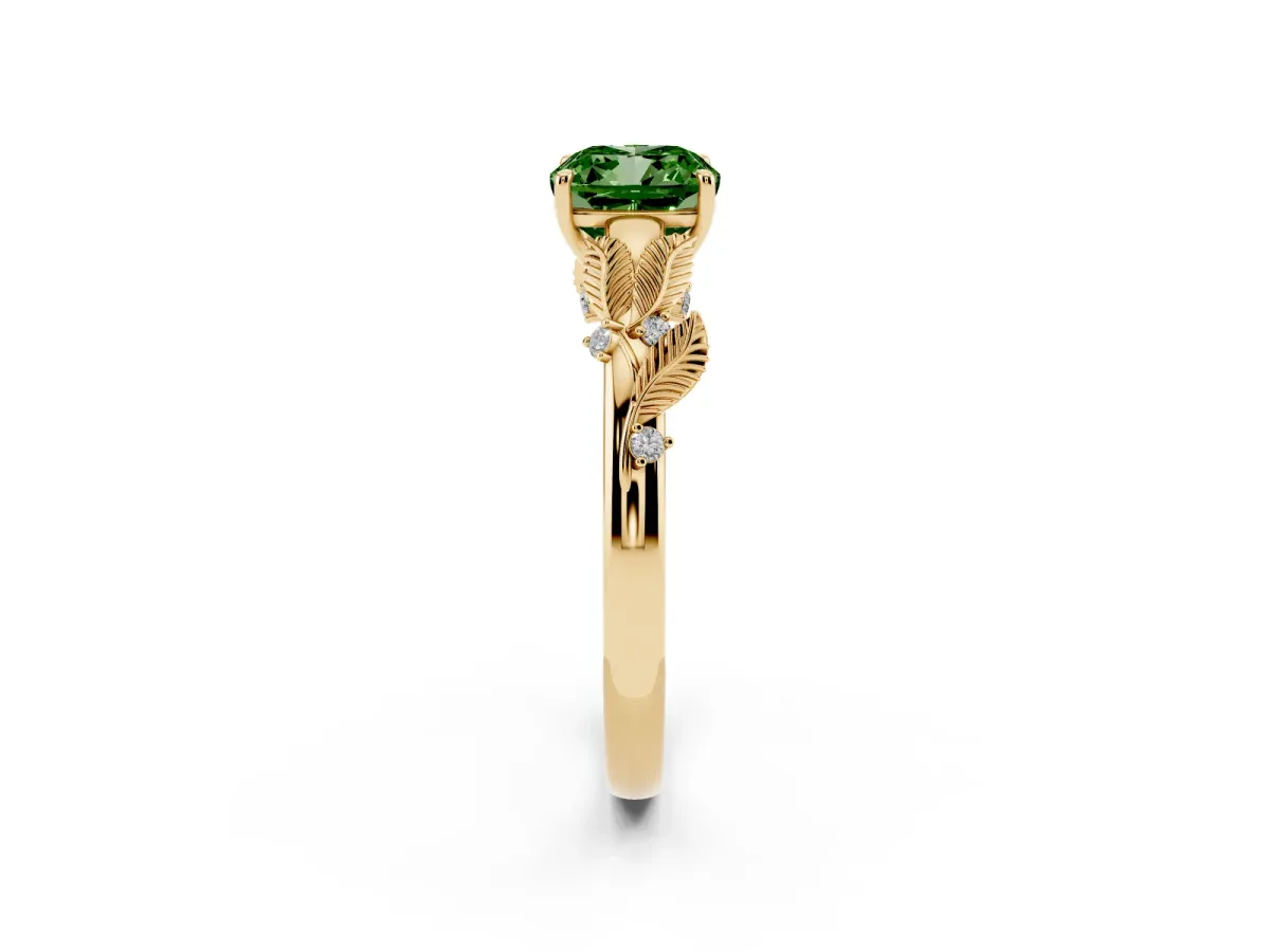 Fancy Green Cushion Cut Diamond Solitaire Ring with Leaf Motif Band and Four-Prong Setting Yellow gold