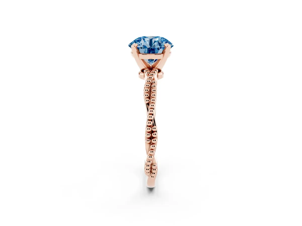 Fancy Blue Round Cut Solitaire Twisted Band with Bead Prong Setting Rose gold