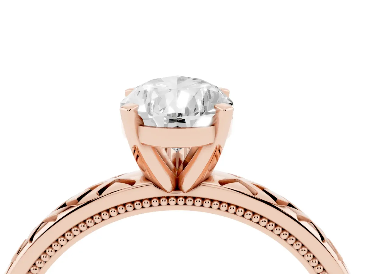 Pear Cut Solitaire Diamond Ring with Milgrain and Black Enamel X Pattern Band Rose gold