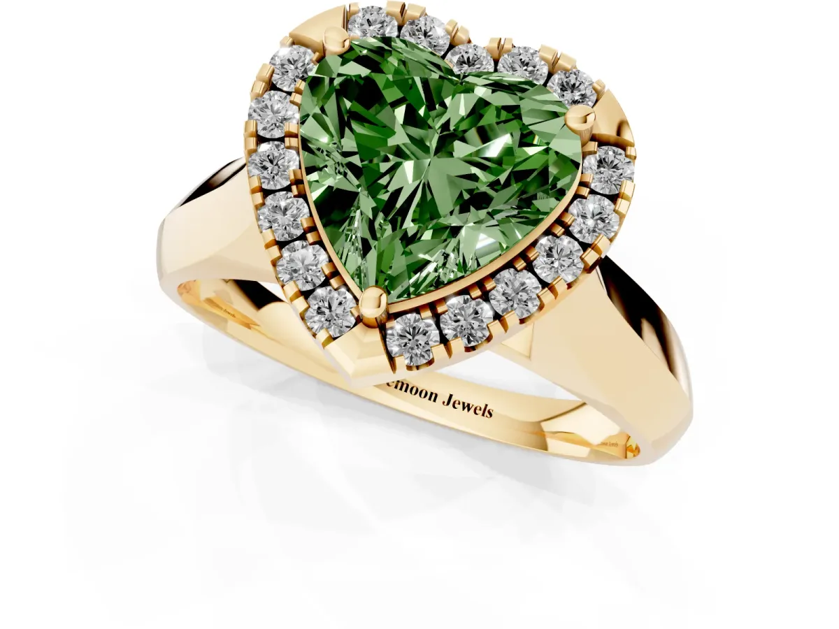 Fancy Green Heart Cut Cut Halo Solitaire Engagement Ring with Square Band and Four-Prong Setting Yellow gold