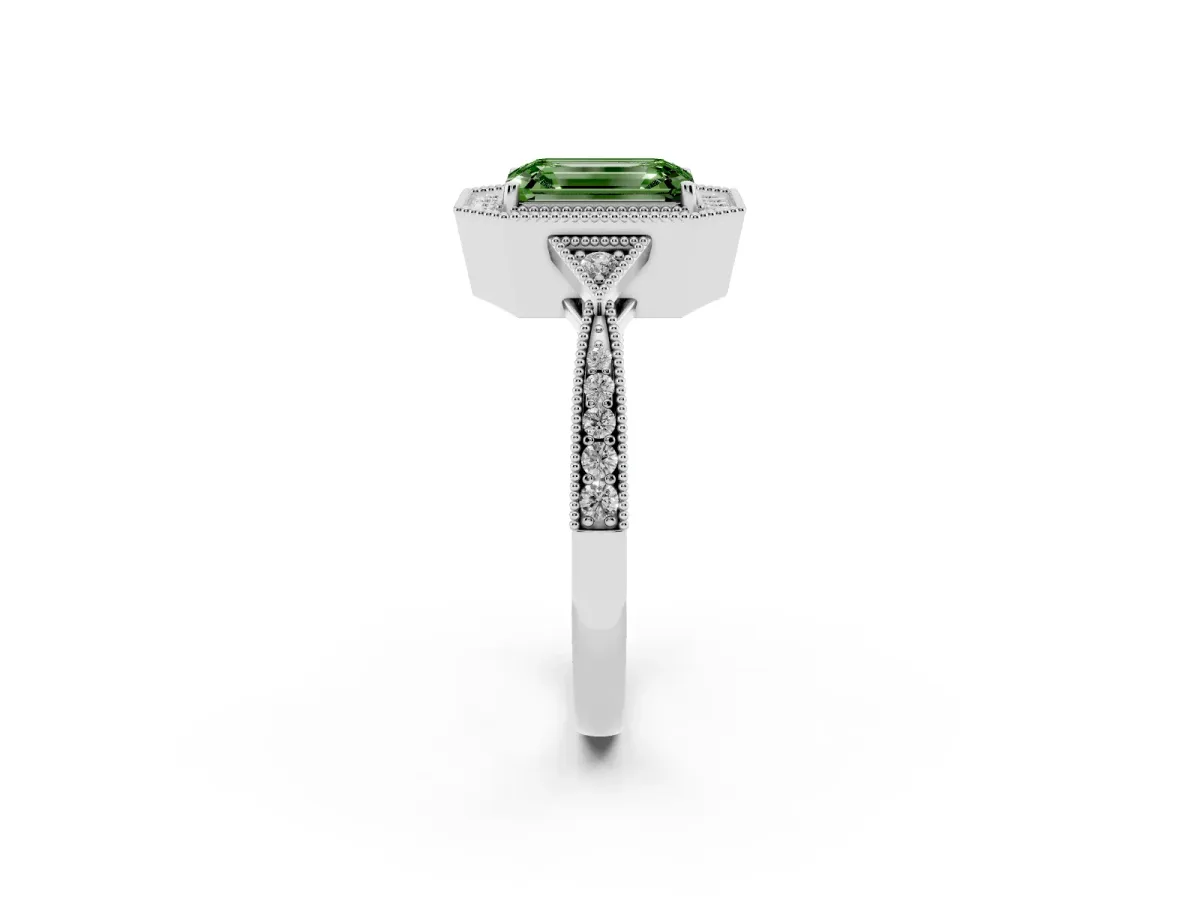 Fancy Green Emerald Cut Halo Round Diamond Milgrain Pave Engagement Ring Platinum