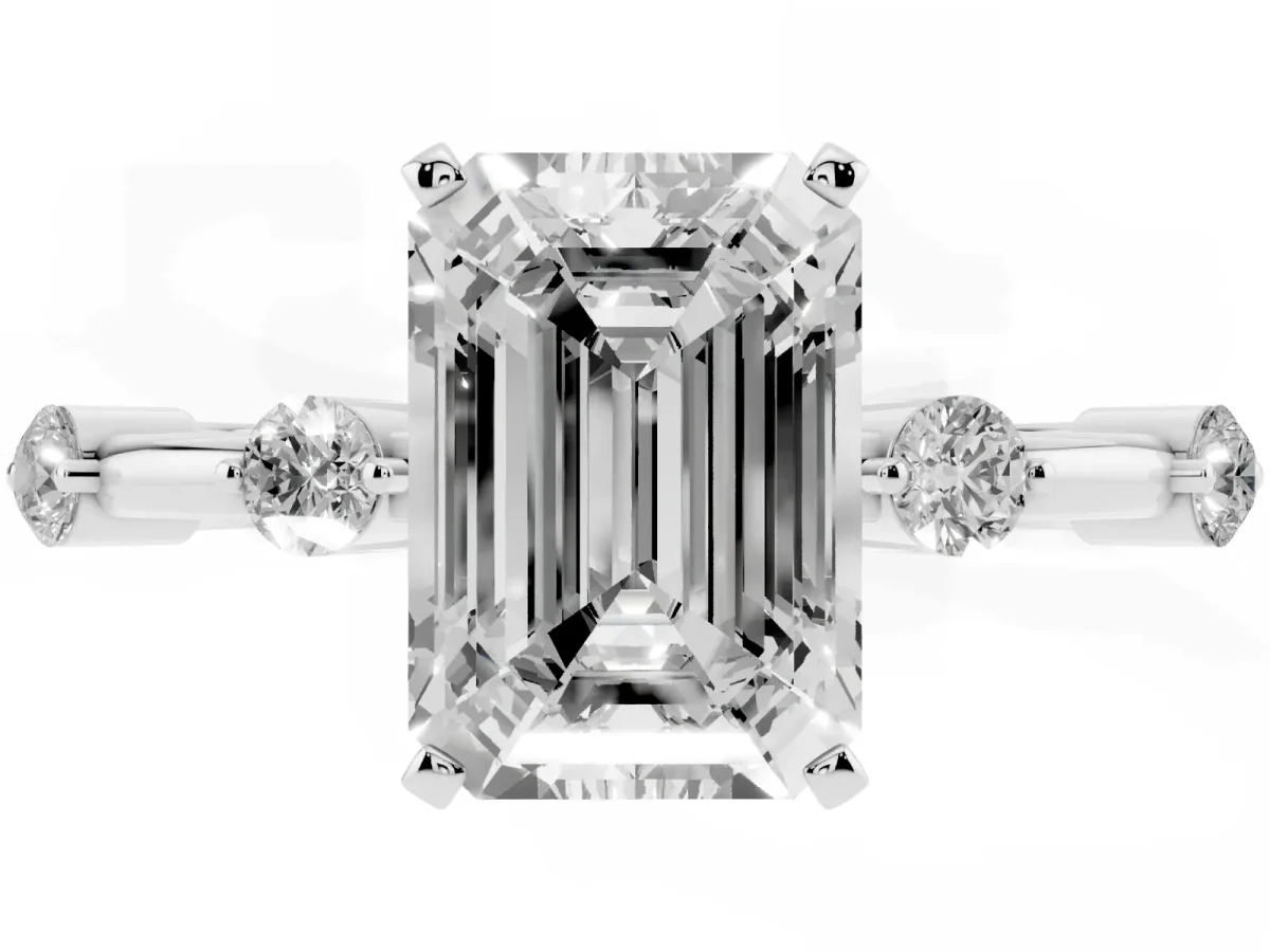 Emerald Cut Solitaire Diamond Ring with Bezel Set Side Stones and Prong Setting Platinum