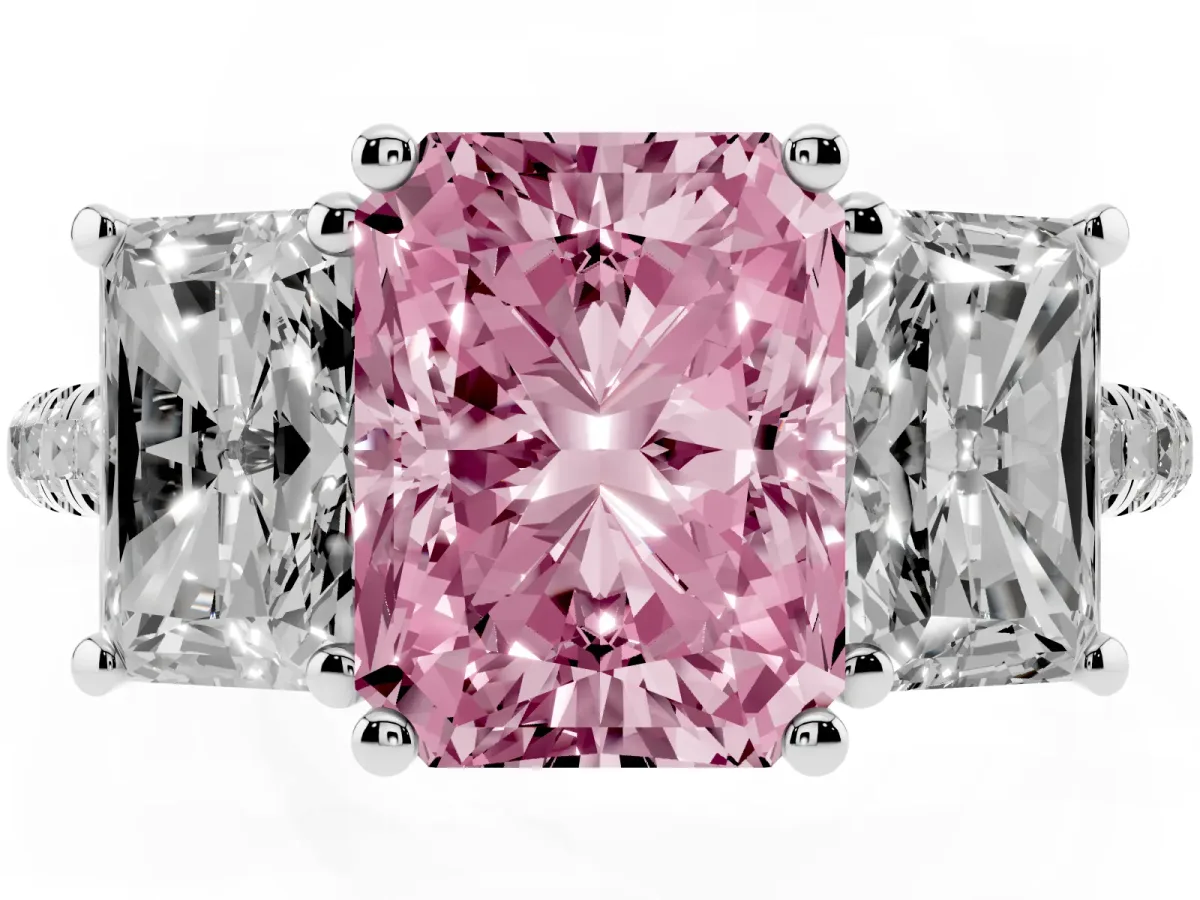 Fancy Pink Three-Stone Radiant Cut Diamond Ring with Round Pavé Band and Prong Setting Silver