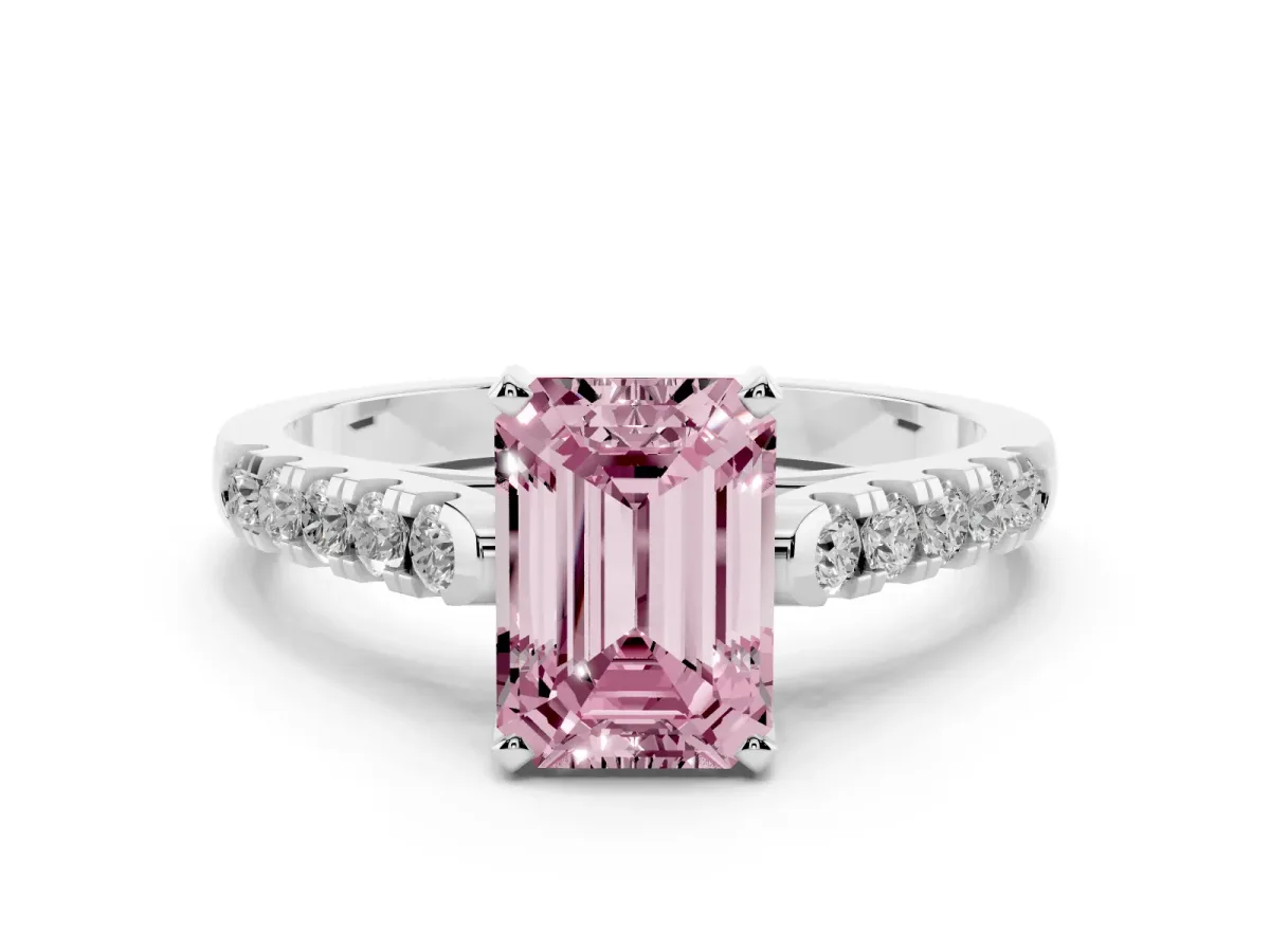 Fancy Pink Emerald Cut Diamond Pavé Band Solitaire Ring with Prong Setting Platinum