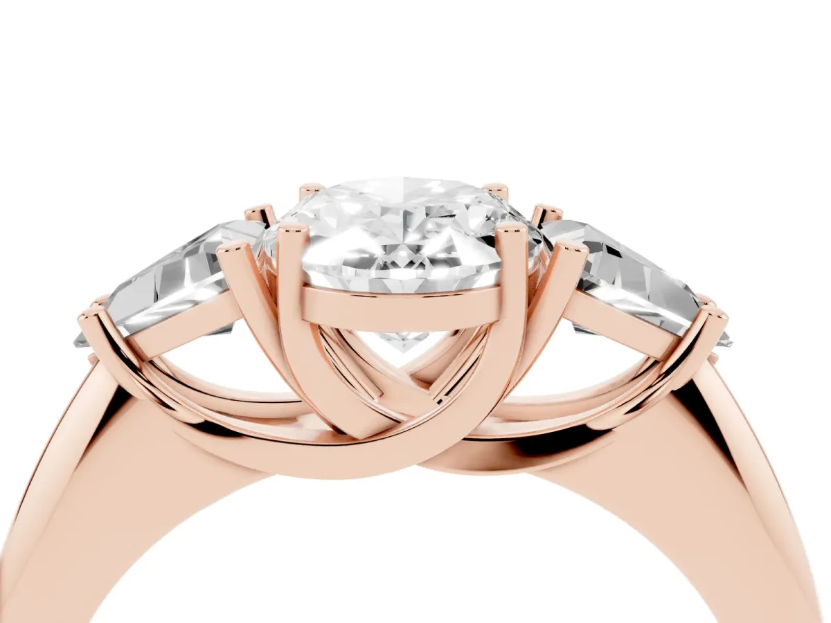 Three-Stone Oval Cut Diamond Engagement Ring with Trillion Side Stones and Prong Setting Rose gold