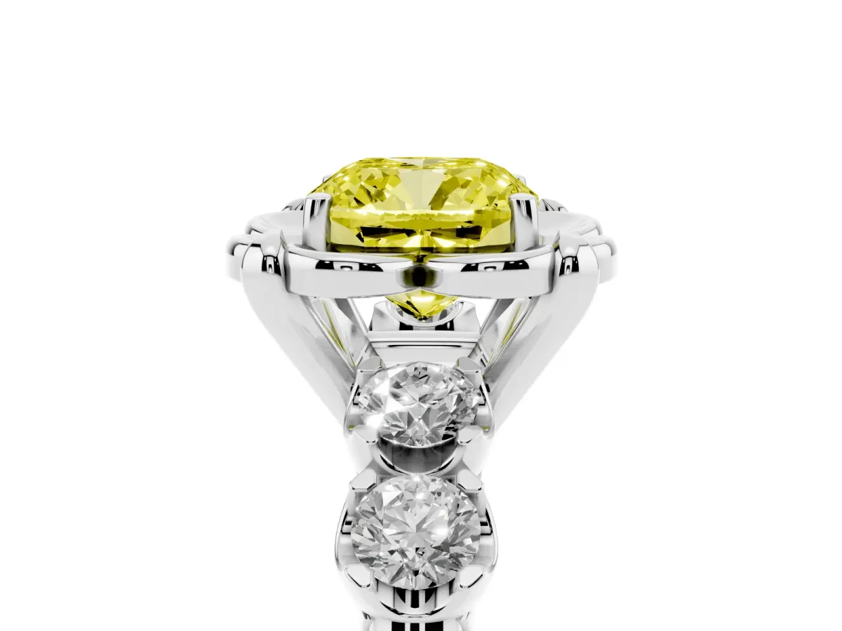 Fancy Yellow Cushion Cut Cut Diamond Floral Halo Engagement Ring with Shared Prong Setting Silver