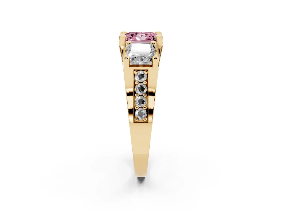 Fancy Pink Princess Cut Diamond Three-Stone Ring with Channel Set Band and Four-Prong Setting Yellow gold
