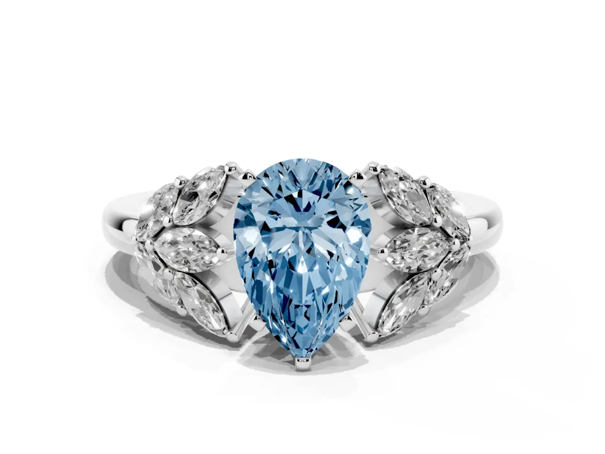 Fancy Blue Pear Cut Diamond Cluster Leaf Design Ring with Prong Setting Platinum