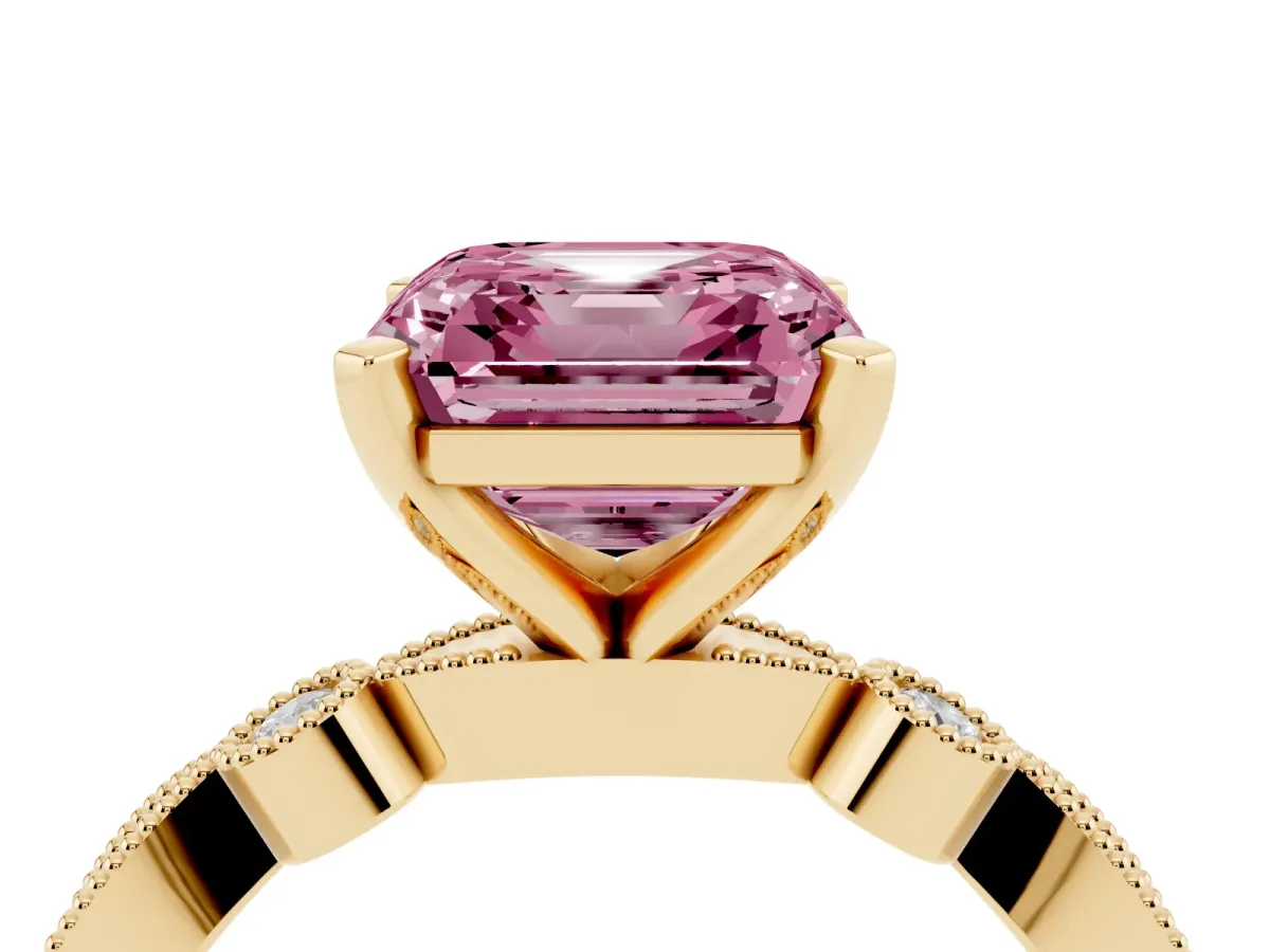 Fancy Pink Asscher Cut Milgrain Bezel Diamond Engagement Ring with Solitaire Prong Setting Yellow gold