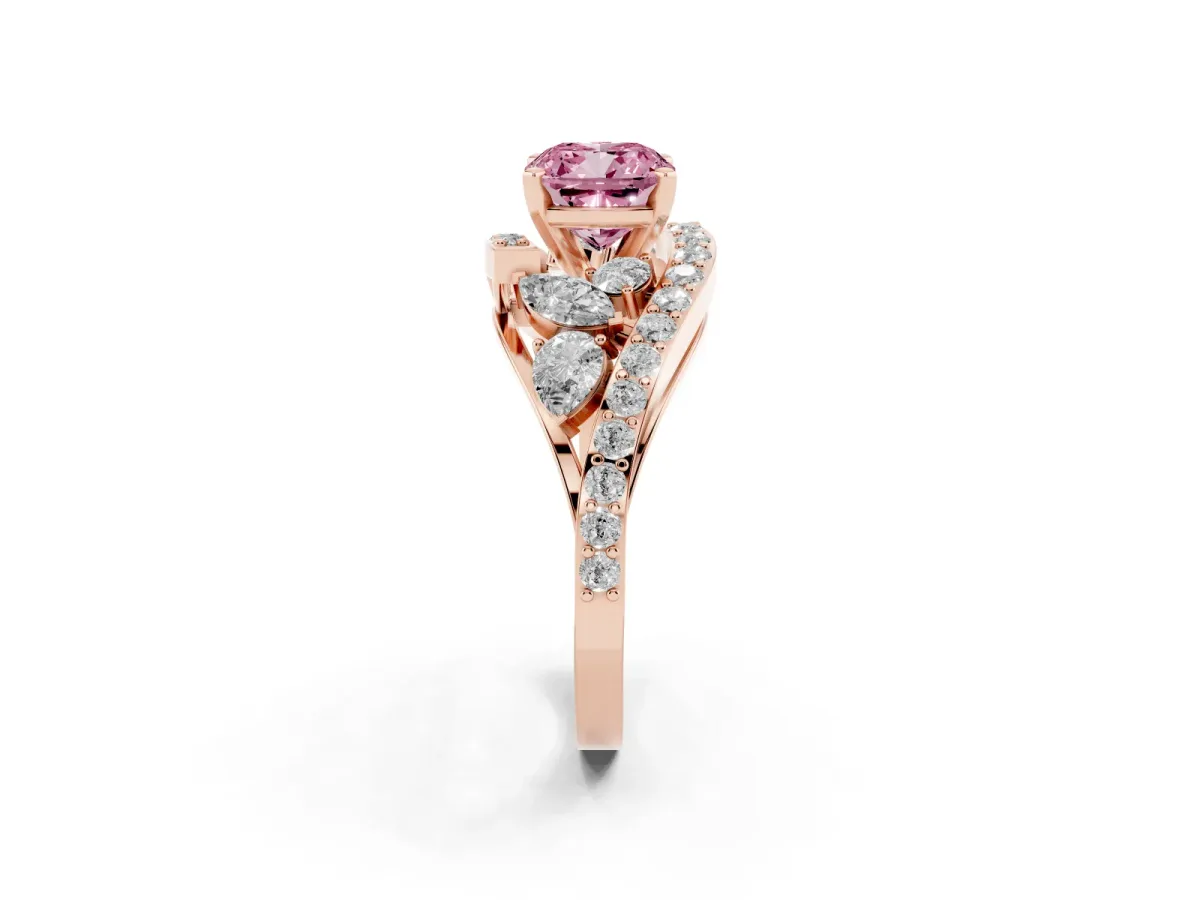 Fancy Pink Cushion Cut Diamond Halo Ring with Marquise and Pavé Band in Prong Setting Rose gold
